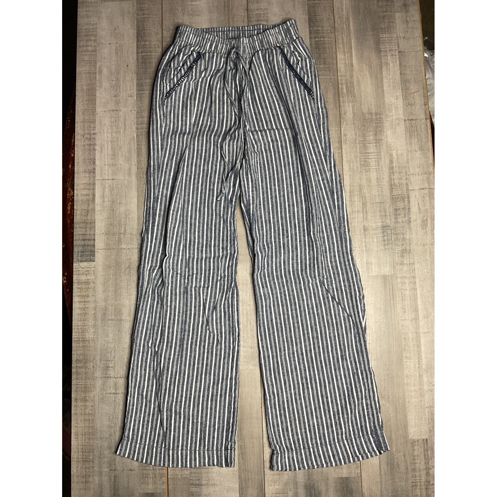 Briggs Blue White Striped Linen Blend Wide Leg Pants XS Crochet Trim Drawstring